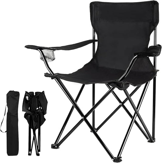 Portable Folding Camping Chair with Armrests, with Cup Holder large Size Black