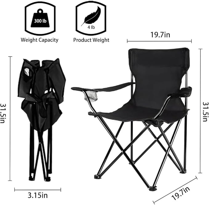 Portable Folding Camping Chair with Armrests, with Cup Holder large Size Black