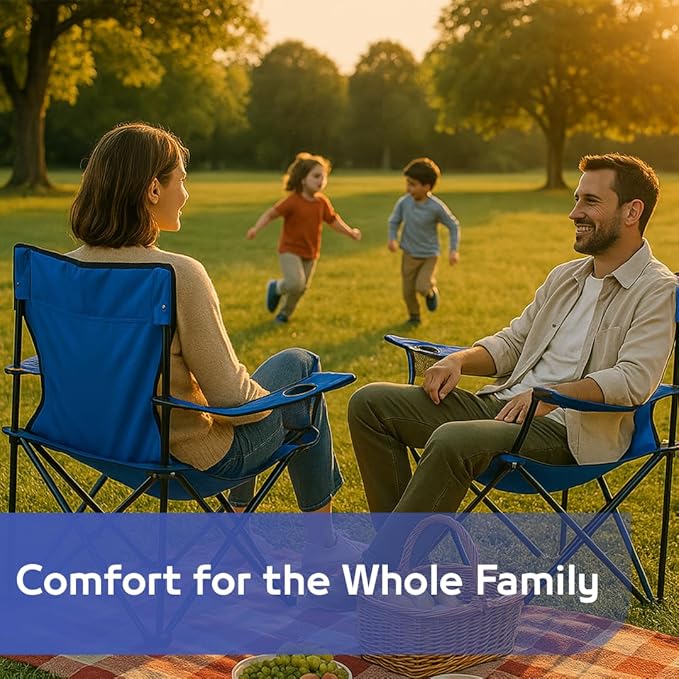 Portable Folding Camping Chair with Armrests, with Cup Holder large Size Blue