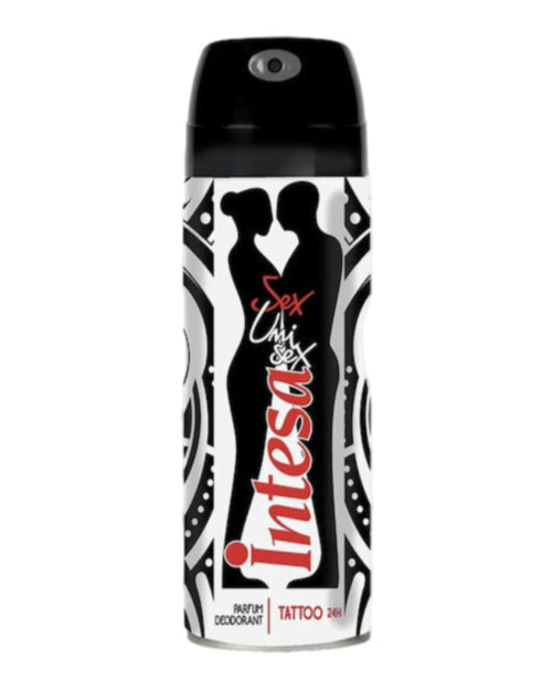 Deodorant spray bottle with black and white design on a white background