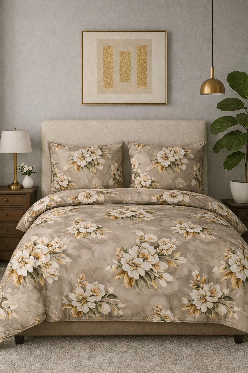 Luxury Floral Bed Sheet Set – Elegant Beige & Gold Design