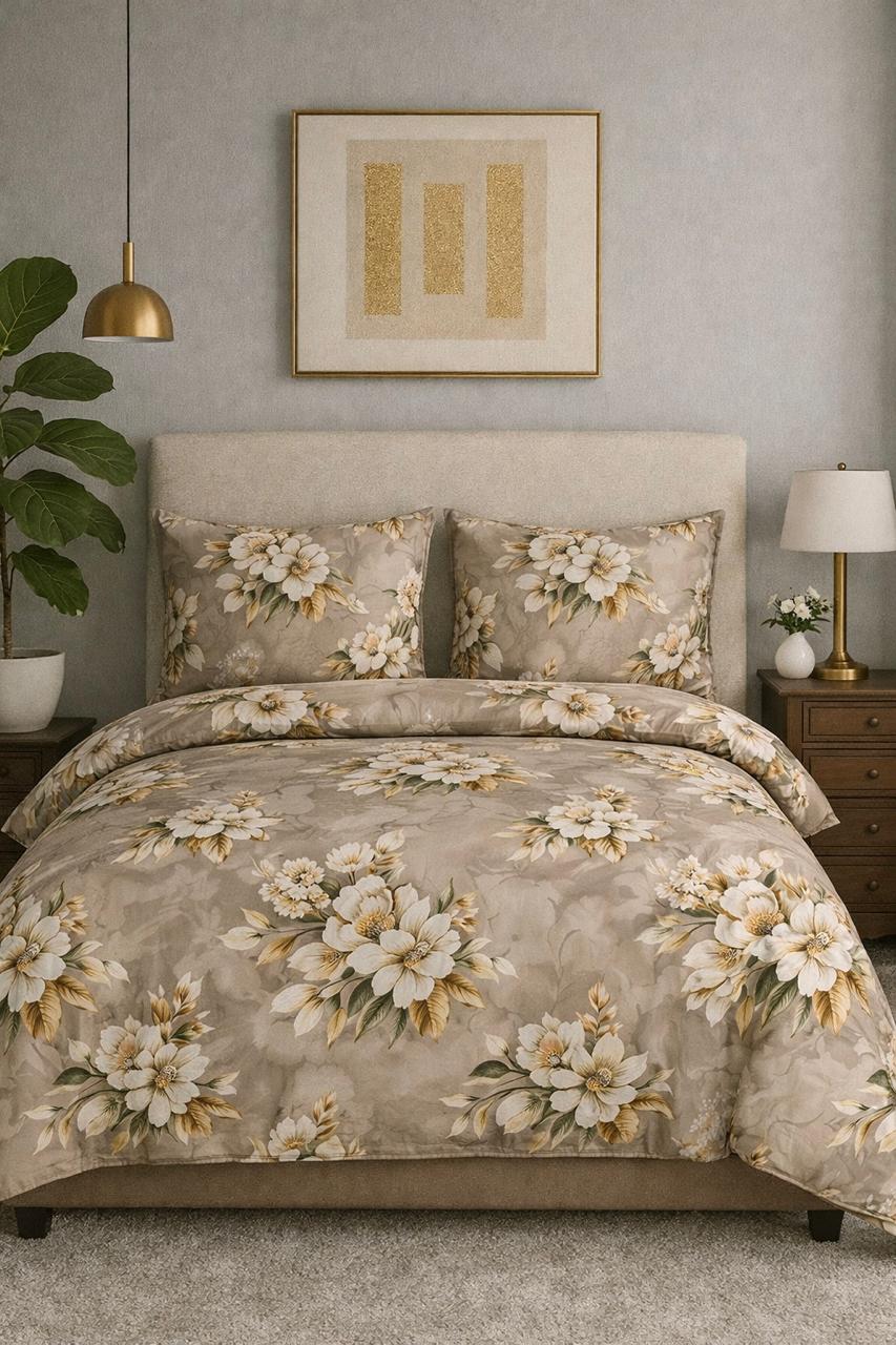 Luxury Floral Bed Sheet Set – Elegant Beige & Gold Design