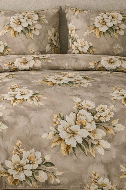 Luxury Floral Bed Sheet Set – Elegant Beige & Gold Design