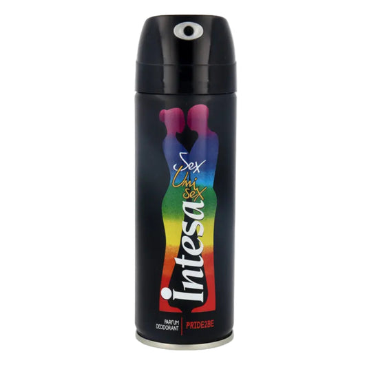Deodorant spray bottle with colorful design and 'Intesa' branding on a white background