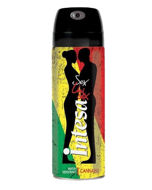 Deodorant spray can with colorful design and silhouette graphics on a white background